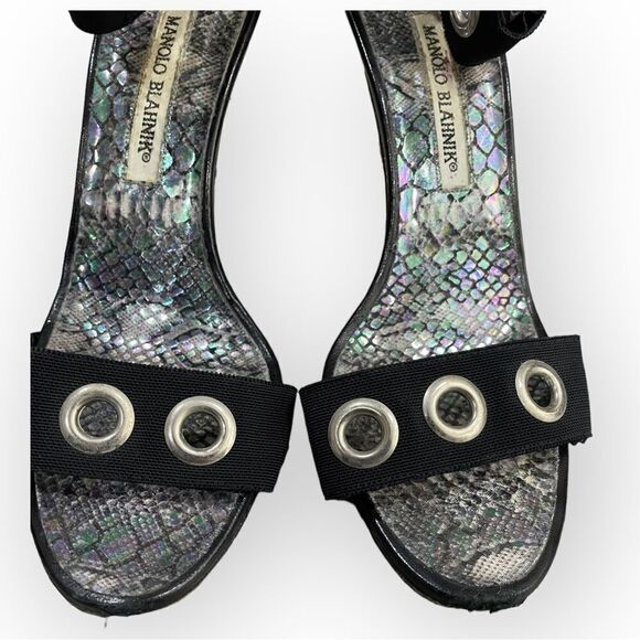 Manolo Blahnik Heels Metallic Color Snakeskin Look Insoles Ankle Elastic - Picture 2 of 10